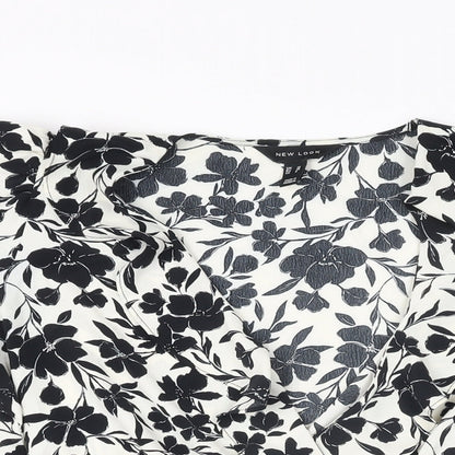 New Look Womens White Floral Polyester Basic Blouse Size 10 V-Neck