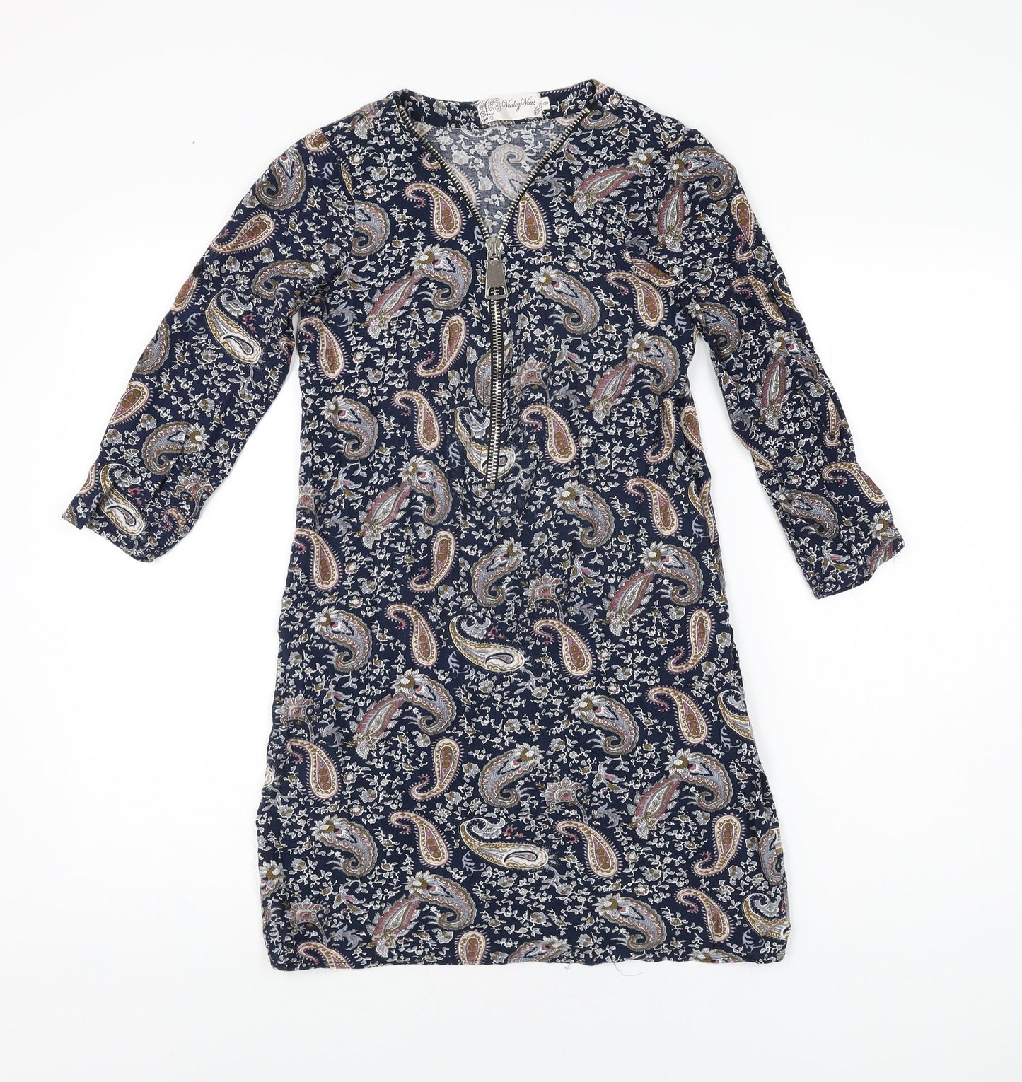 Voulez Vous Womens Blue Paisley Viscose Mini Size 8 V-Neck Zip