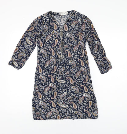 Voulez Vous Womens Blue Paisley Viscose Mini Size 8 V-Neck Zip