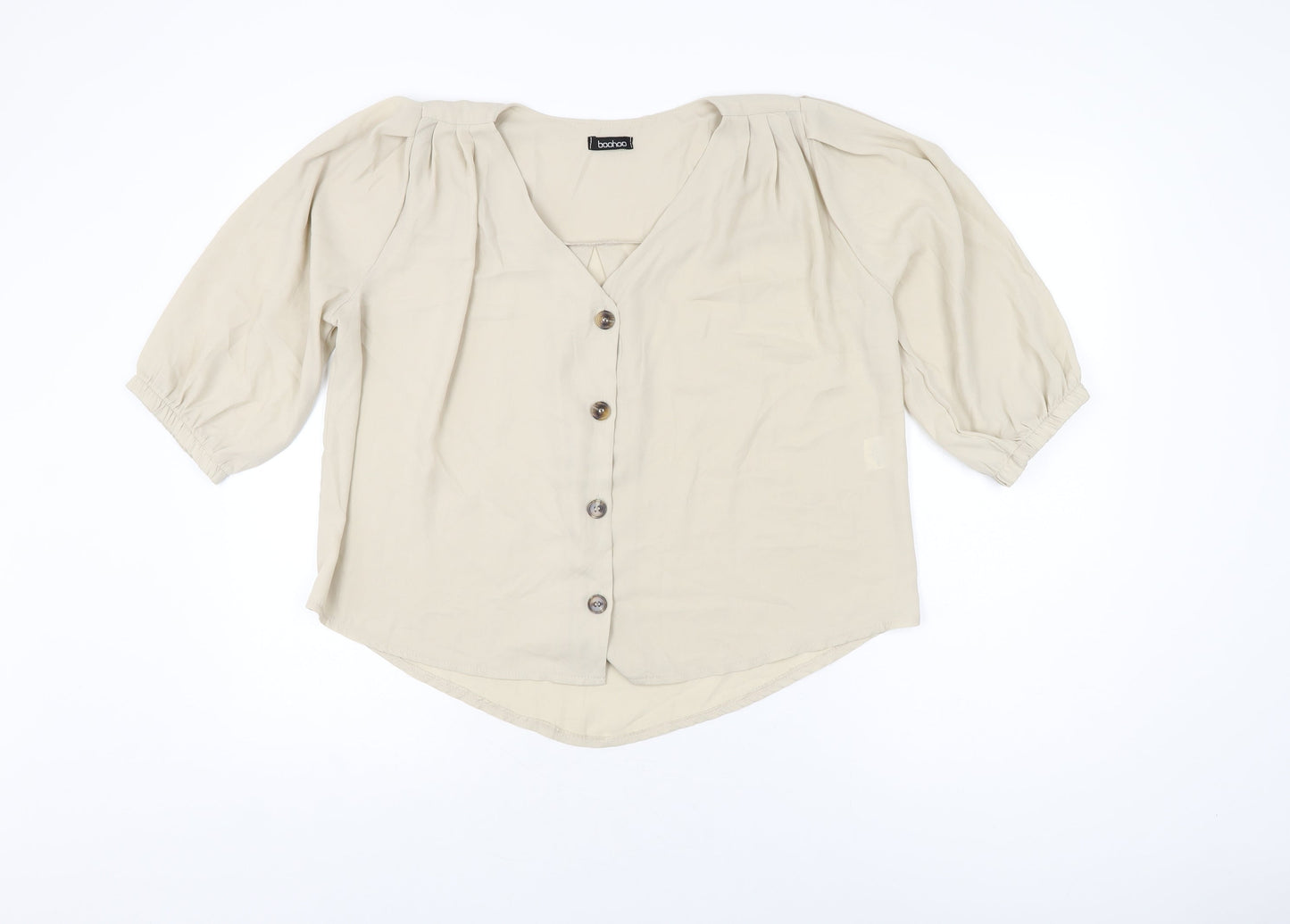 Boohoo Womens Beige Polyester Basic Blouse Size 8 V-Neck