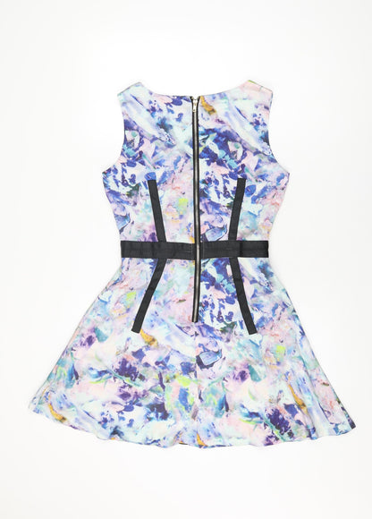 Max C Womens Multicoloured Geometric Polyester Skater Dress Size 8 Round Neck Zip