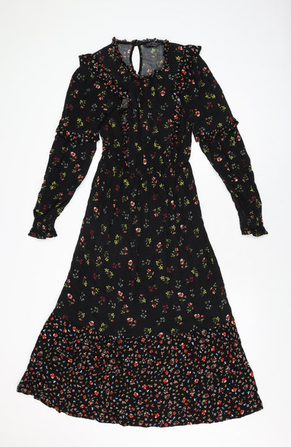 Marks and Spencer Womens Black Floral Viscose A-Line Size 8 Round Neck Button