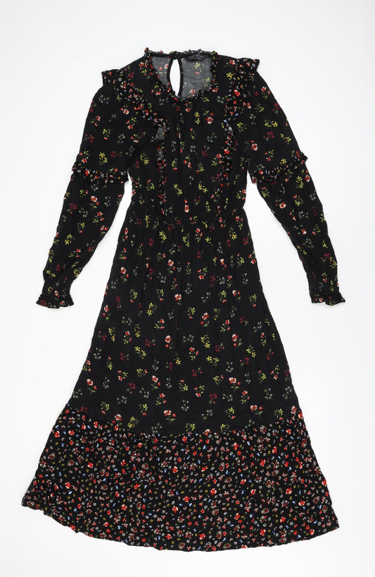 Marks and Spencer Womens Black Floral Viscose A-Line Size 8 Round Neck Button