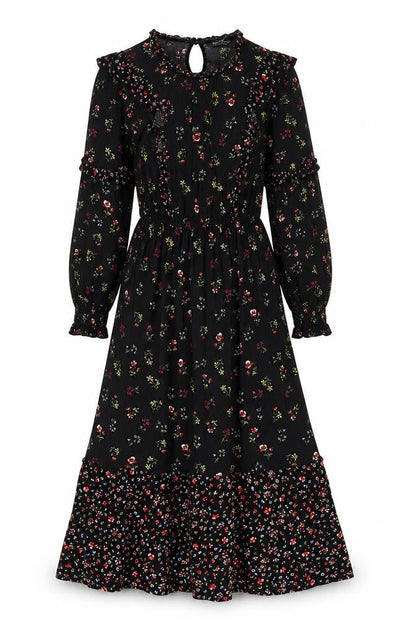 Marks and Spencer Womens Black Floral Viscose A-Line Size 8 Round Neck Button