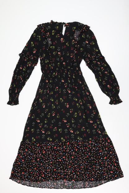 Marks and Spencer Womens Black Floral Viscose A-Line Size 8 Round Neck Button