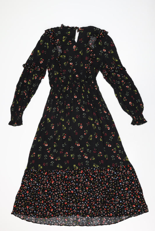 Marks and Spencer Womens Black Floral Viscose A-Line Size 8 Round Neck Button