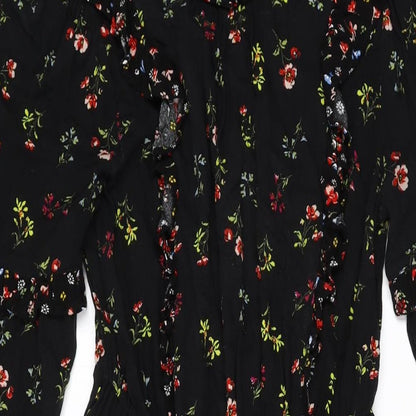 Marks and Spencer Womens Black Floral Viscose A-Line Size 8 Round Neck Button