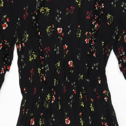Marks and Spencer Womens Black Floral Viscose A-Line Size 8 Round Neck Button