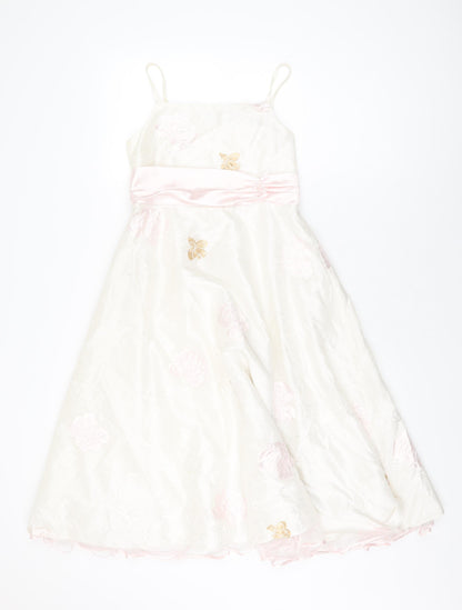 Dress To Impress Girls White Floral Polyester A-Line Size 11 Years Square Neck Button