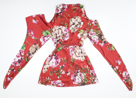 Missguided Womens Red Floral Polyester Mini Size 8 V-Neck Zip