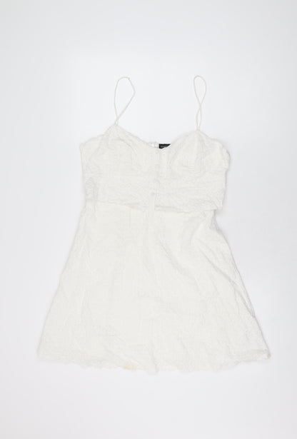 Topshop Womens White Geometric Cotton Skater Dress Size 12 V-Neck Zip