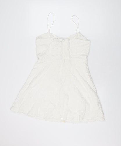 Topshop Womens White Geometric Cotton Skater Dress Size 12 V-Neck Zip