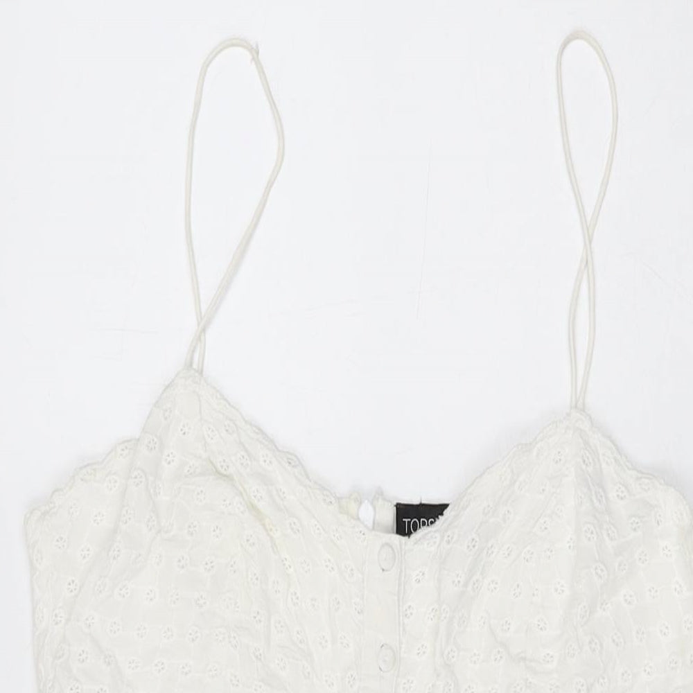 Topshop Womens White Geometric Cotton Skater Dress Size 12 V-Neck Zip