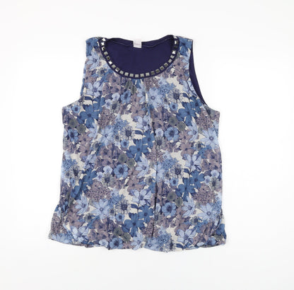 Additional front view of Camaieu women’s blue floral polyester basic t-shirt, size XL, round neck