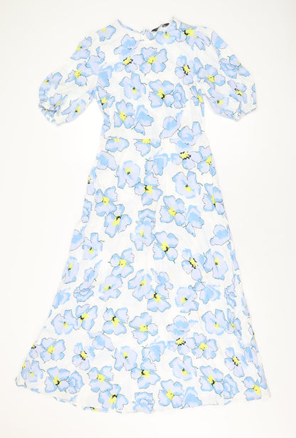Marks and Spencer Womens White Floral Viscose A-Line Size 8 Round Neck Zip