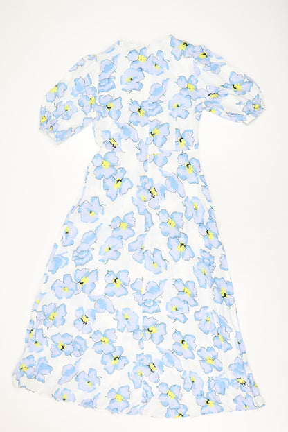 Marks and Spencer Womens White Floral Viscose A-Line Size 8 Round Neck Zip