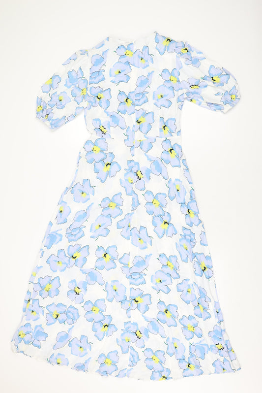 Marks and Spencer Womens White Floral Viscose A-Line Size 8 Round Neck Zip