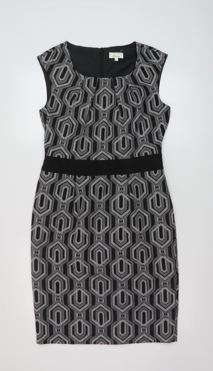 Linea Womens Black Geometric Polyester Sheath Size 12 Round Neck Zip