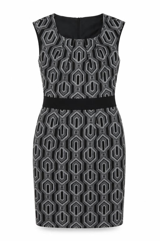 Front view of Linea women’s black geometric polyester sheath, size UK 12, round neck zip