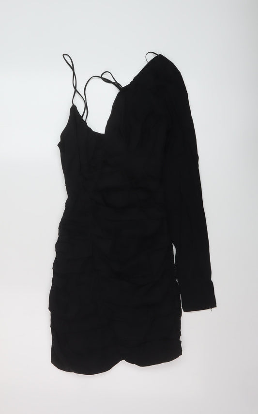 Zara Womens Black Linen Bodycon Size M V-Neck Zip