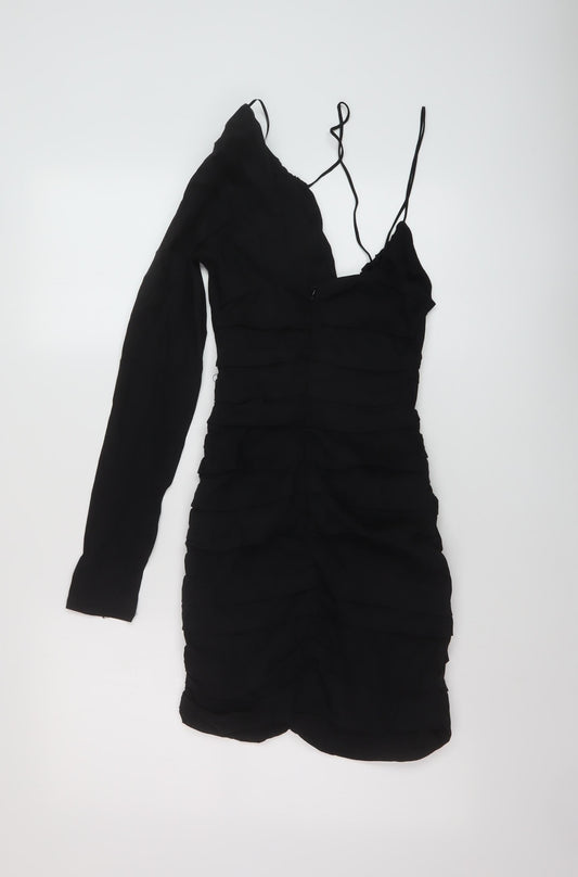 Zara Womens Black Linen Bodycon Size M V-Neck Zip