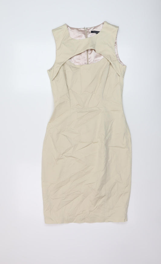 French Connection Womens Beige Cotton Bodycon Size 10 Round Neck Zip