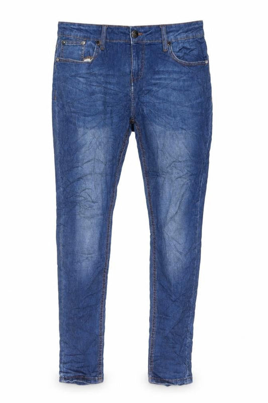 Front view of Closure men’s blue cotton skinny jeans, size 34, in, 30-inch leg regular button