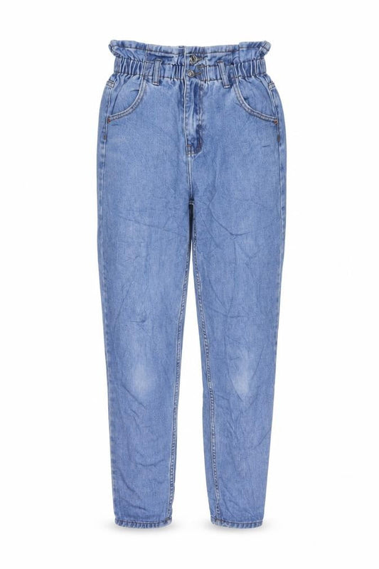 Front view of Denim & Co. women’s beige cotton mom jeans, size UK 8, 27-inch leg regular button