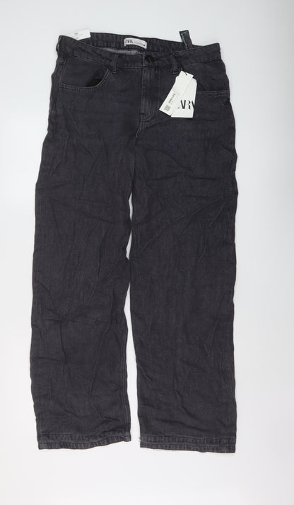 Zara Womens Grey Cotton Wide-Leg Jeans Size M L36 in Regular Button