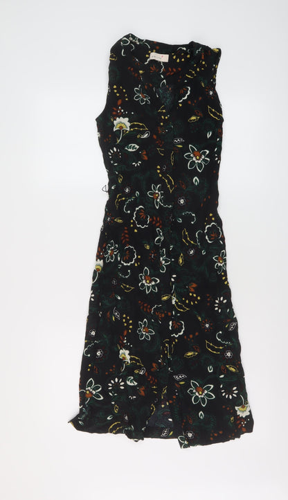 Per Una Womens Black Floral Viscose A-Line Size 8 V-Neck Button