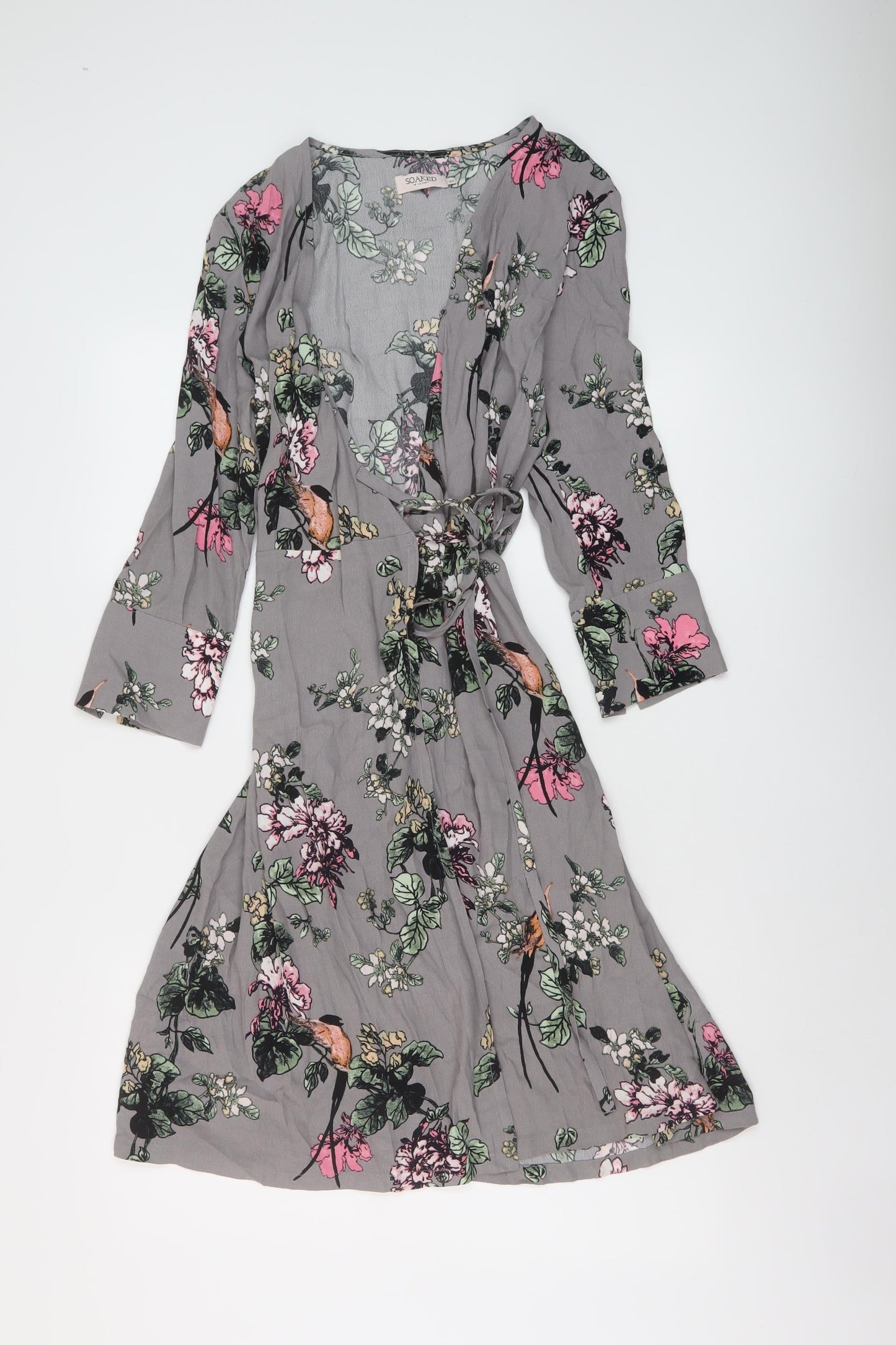 Soaked Womens Grey Floral Viscose Wrap Dress Size XS V-Neck Tie