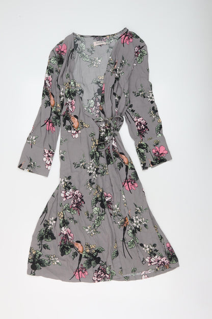 Soaked Womens Grey Floral Viscose Wrap Dress Size XS V-Neck Tie
