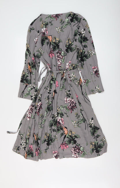 Soaked Womens Grey Floral Viscose Wrap Dress Size XS V-Neck Tie