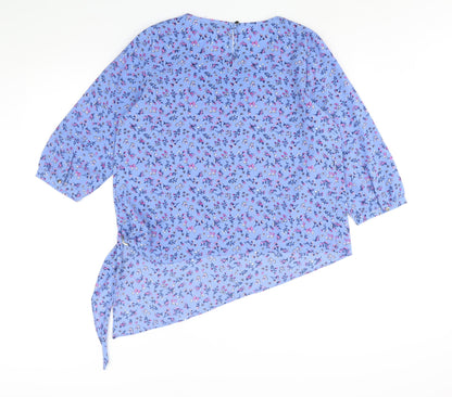 Bonmarché Womens Blue Geometric Polyester Basic Blouse Size 14 Round Neck - Floral Print Eyelet Asymmetric