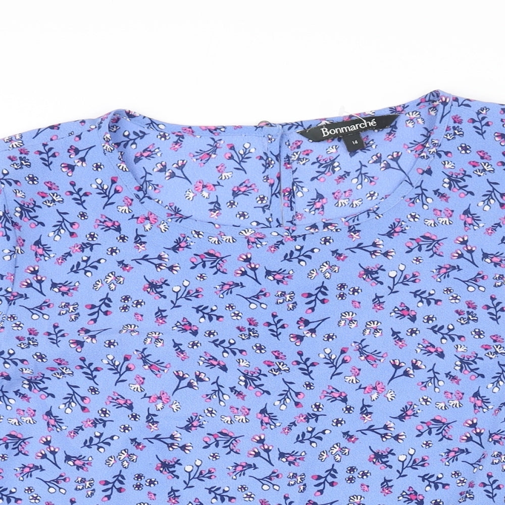 Bonmarché Womens Blue Geometric Polyester Basic Blouse Size 14 Round Neck - Floral Print Eyelet Asymmetric