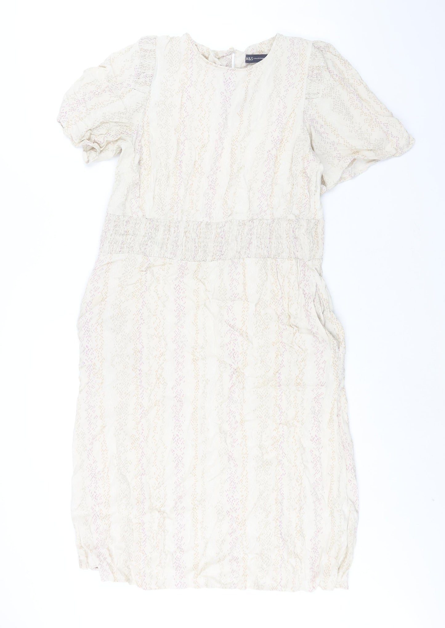 Marks and Spencer Womens Beige Geometric Viscose Shift Size 14 Round Neck Button - Pocket Rouched