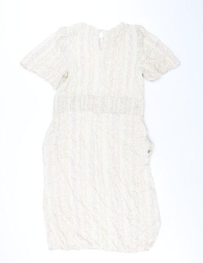 Marks and Spencer Womens Beige Geometric Viscose Shift Size 14 Round Neck Button - Pocket Rouched