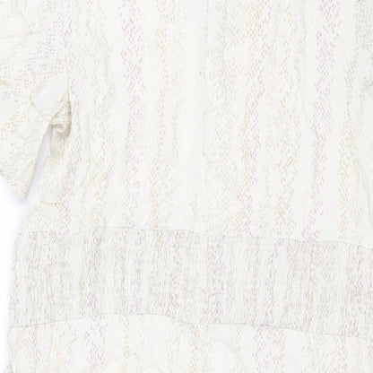 Marks and Spencer Womens Beige Geometric Viscose Shift Size 14 Round Neck Button - Pocket Rouched