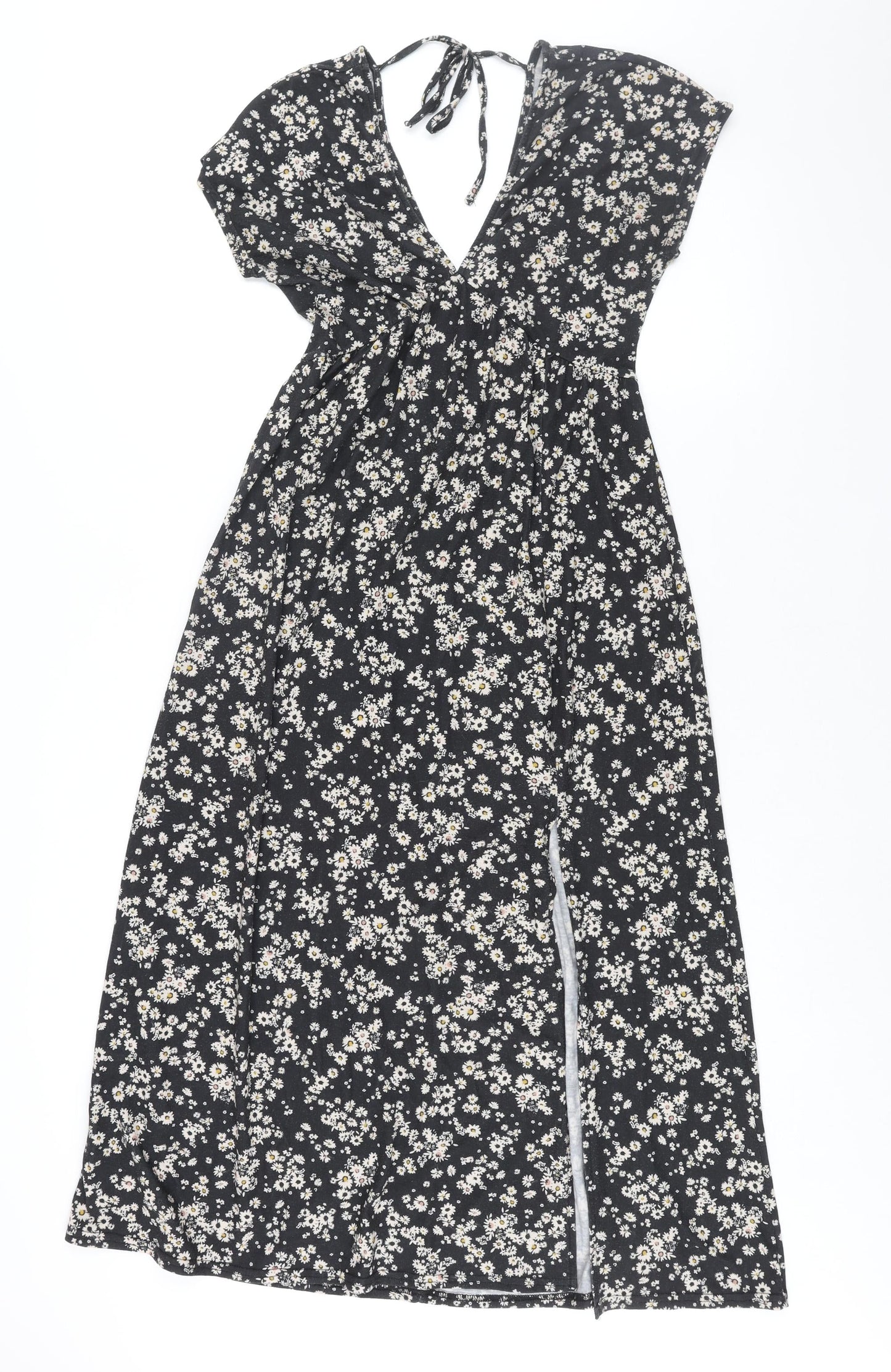 Topshop Womens Black Floral Polyester Shift Size 10 V-Neck Tie - Front Slit