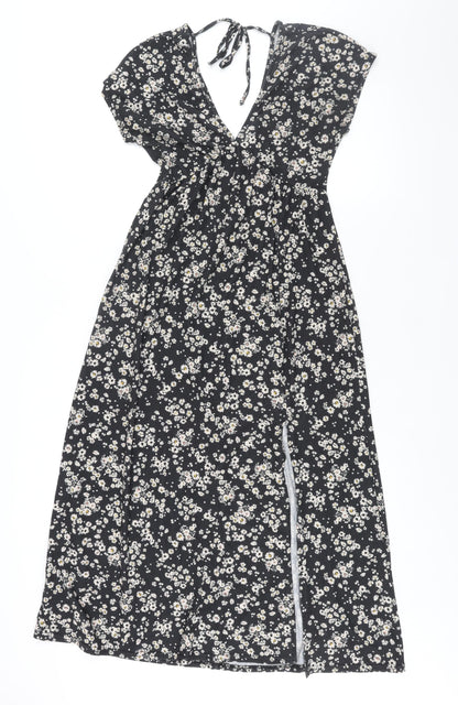 Topshop Womens Black Floral Polyester Shift Size 10 V-Neck Tie - Front Slit