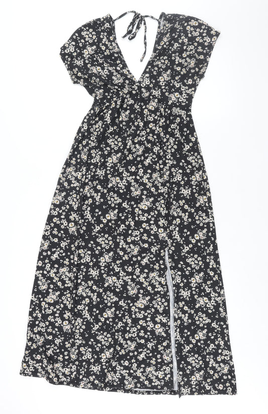 Topshop Womens Black Floral Polyester Shift Size 10 V-Neck Tie - Front Slit
