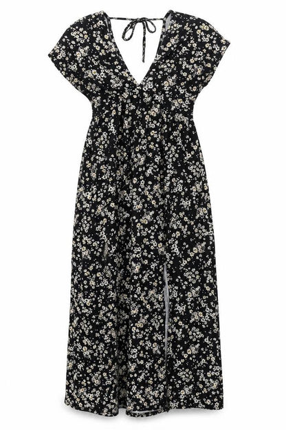Topshop Womens Black Floral Polyester Shift Size 10 V-Neck Tie - Front Slit
