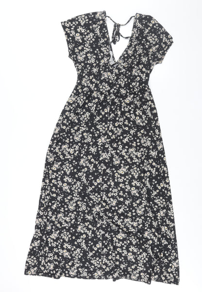 Topshop Womens Black Floral Polyester Shift Size 10 V-Neck Tie - Front Slit
