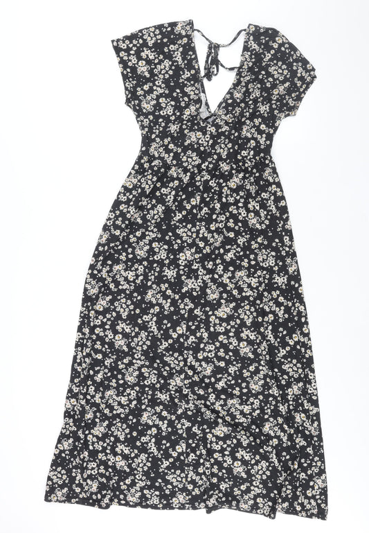 Topshop Womens Black Floral Polyester Shift Size 10 V-Neck Tie - Front Slit