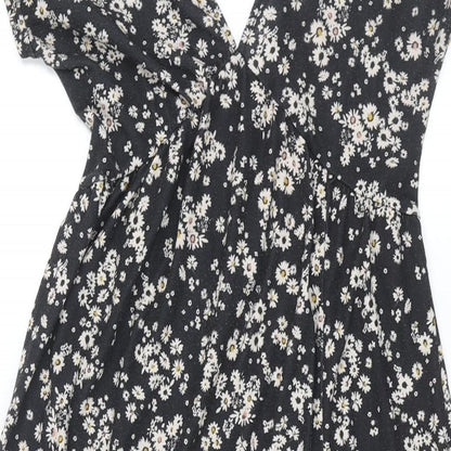 Topshop Womens Black Floral Polyester Shift Size 10 V-Neck Tie - Front Slit