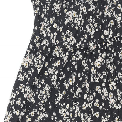 Topshop Womens Black Floral Polyester Shift Size 10 V-Neck Tie - Front Slit