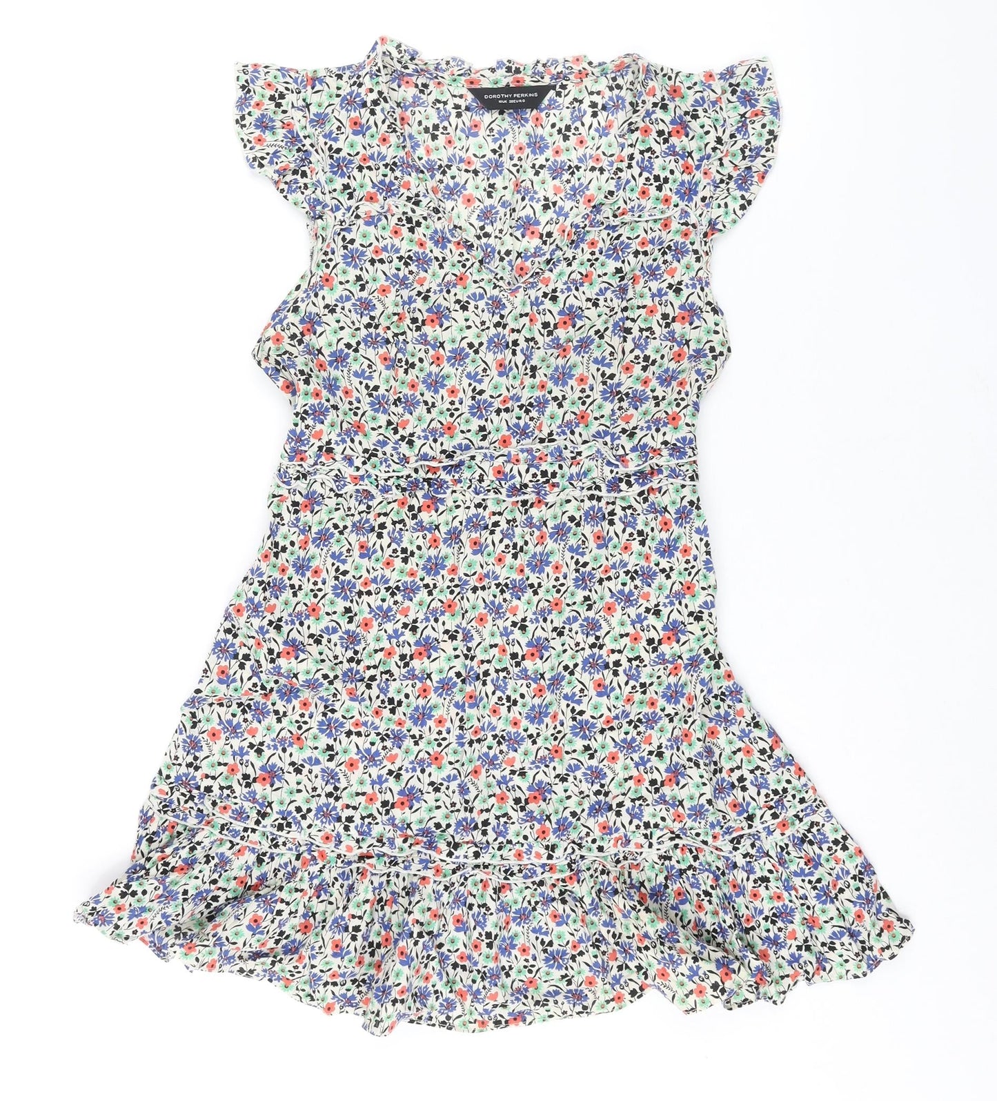 Dorothy Perkins Womens Multicoloured Floral Cotton Mini Size 10 V-Neck Pullover - Frill Belted