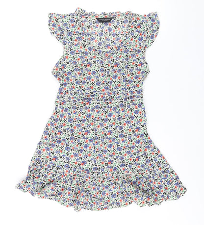 Dorothy Perkins Womens Multicoloured Floral Cotton Mini Size 10 V-Neck Pullover - Frill Belted