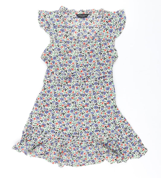 Dorothy Perkins Womens Multicoloured Floral Cotton Mini Size 10 V-Neck Pullover - Frill Belted