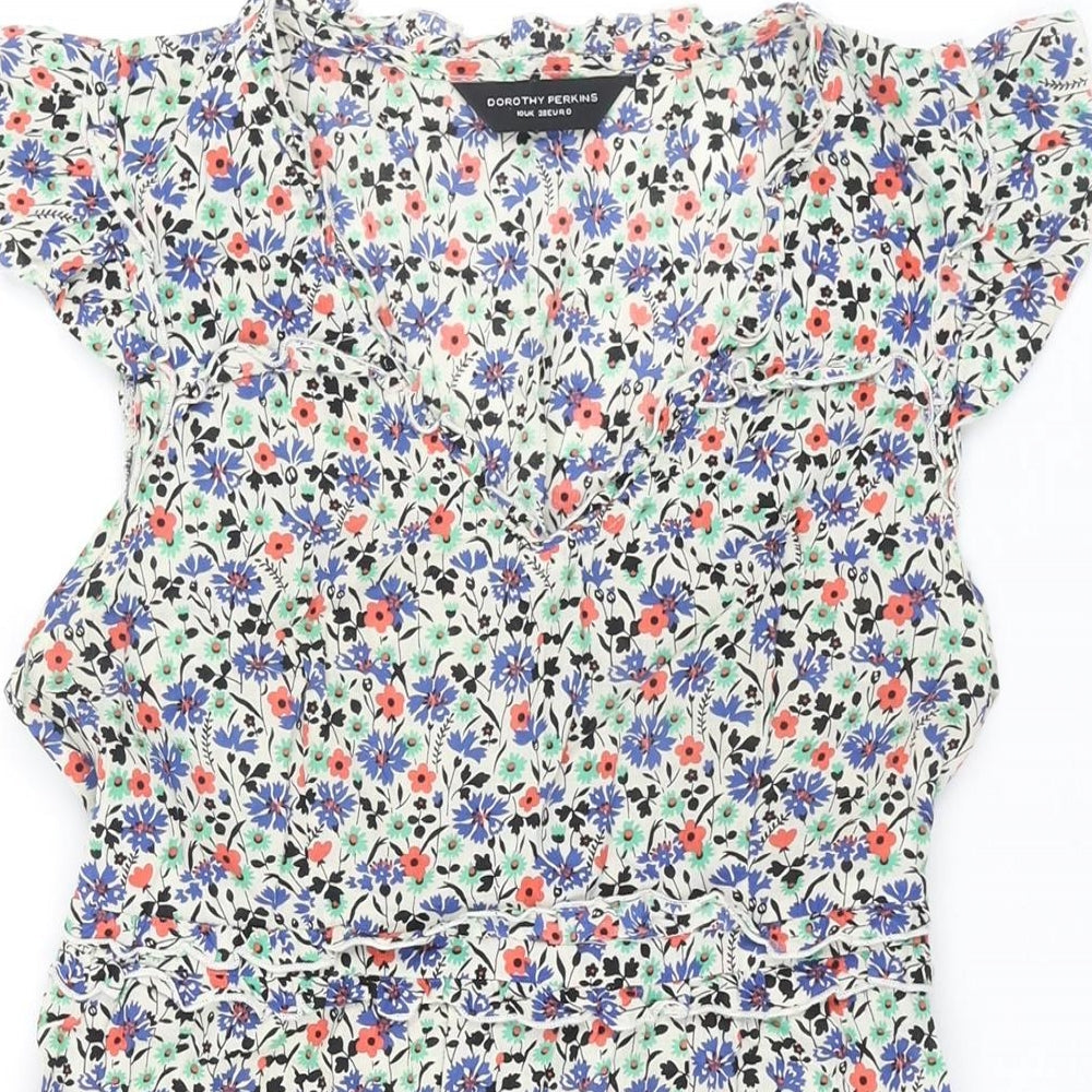 Dorothy Perkins Womens Multicoloured Floral Cotton Mini Size 10 V-Neck Pullover - Frill Belted